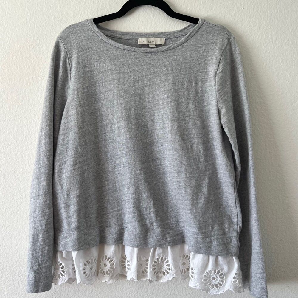 LOFT Gray Cotton Knit Sweater White Eyelet Details M